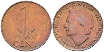 Нидерланды 1 цент 1948 Вильгельмина (1890-1948), год тип KM 175 бронза 211-713