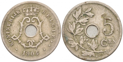 БЕЛЬГИЯ 5 САНТИМОВ 1904 BELGIE KM 55 медно-никель 100-833