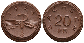 Саксония 20 пфеннигов 1921 колосья и серп J. N 53 фарфор UNC 1094-9-52