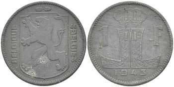 БЕЛЬГИЯ 1 ФРАНК 1943 BELGIQUE-BELGIE KM 127 цинк 216-545