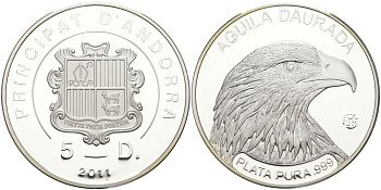 Андорра 5 динеров 2011 беркут KM 364 серебро PROOF 00-00