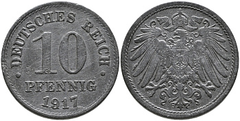 ГЕРМАНИЯ 10 ПФЕННИГОВ 1917 KM 26, J. 299 цинк 96-631