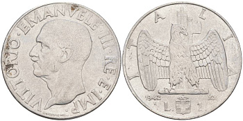 ИТАЛИЯ 1 ЛИРА 1942 R, ГОД XX, ВИКТОР ЭММАНУИЛ III (1900-1946) KM 77b, VEM3. 1102 нержавеющая сталь 3855-514