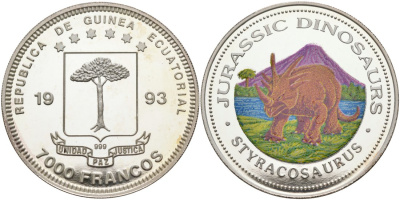 Экваториальная Гвинея 7000 франков 1993 серия ДИНОЗАВРЫ, СТИракОЗАВР, цветная эмаль KM 150 серебро PROOF 00-000-00
