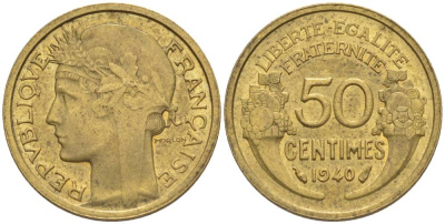 ФРАНЦИЯ 50 САНТИМОВ 1940 ТИП MORLON KM 894.1, LE FRANC 192.17 алюминиевая бронза 44-763