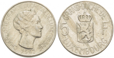 Люксембург 5 франков 1962 Великая герцогиня Шарлотта (1919-1964) KM 51 медно-никель 77-841