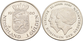 Нидерланды 1 гульден 1980 Коронация Беатрикс 30 апреля 1980 KM 200 никель 4575-1215