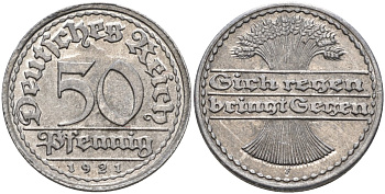 Германия 50 пфеннигов 1921 F KM 27, J.301, Weege 10 алюминий UNC 4584-753