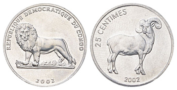 ДР Конго 25 сантимов 2002 Животные - Гривистый баран KM 77 алюминий UNC 4618-544