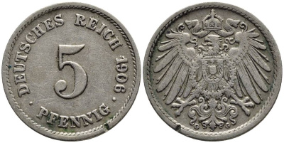 ГЕРМАНИЯ 5 ПФЕННИГОВ 1906 G KM 11, Jager 12, Weege 6 медно-никель 4547-455
