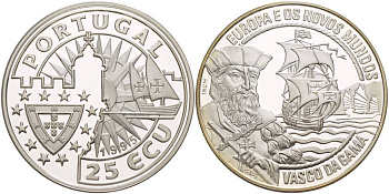 ПОРТУГАЛИЯ 25 ЭКЮ 1995 ЕВРОПА И НОВЫЙ СВЕТ, ВАСКО ДЕ ГАММА, ПРОБА 925, ВЕС 28 ГР. серебро PROOF 1081-3-53