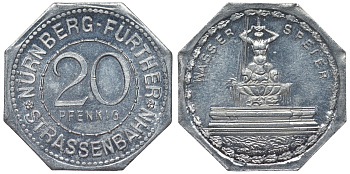 Германия, Нюрнберг - Фюрт 20 пфеннигов ND трамвайный жетон, фонтан, гогулья алюминий UNC 4119-535