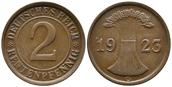 ГЕРМАНИЯ 2 РЕНТЕНПФЕННИГА 1923 G KM 31, J. 307 бронза 24-351