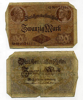 ГЕРМАНИЯ 20 МАРОК 1914 7 значный номер Pick 48 b бумага 6293-5-3-1