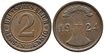 ГЕРМАНИЯ 2 РЕНТЕНПФЕННИГА 1924 A KM 31, J. 307 бронза 24-531