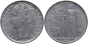 ИТАЛИЯ 100 ЛИР 1963 R, АФИНА KM 96.1 нержавеющая сталь 97-544