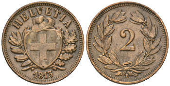 Швейцария 2 раппена 1913 B KM 4 бронза 35-146