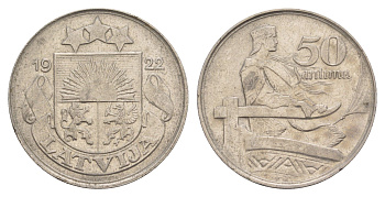 Латвия 50 сантимов 1922 год-тип KM 6 никель 4657-752
