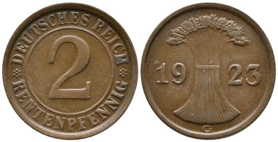 ГЕРМАНИЯ 2 РЕНТЕНПФЕННИГА 1923 G KM 31, J. 307 бронза 24-351