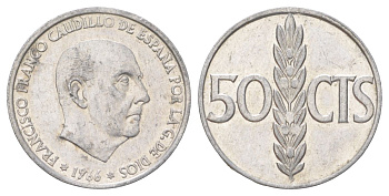 Испания 50 сентимо 1966 Франсиско Франко (1939-1975) KM 795 алюминий 4627-922