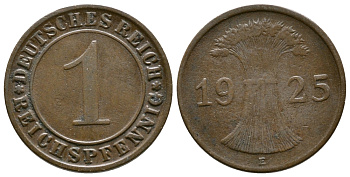 ГЕРМАНИЯ 1 РЕЙХСПФЕННИГ 1925 E KM 37, J. 313 бронза 4380-1125