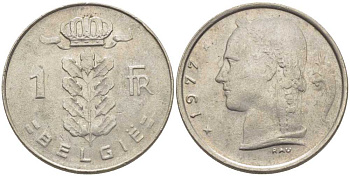 БЕЛЬГИЯ 1 ФРАНК 1977 BELGIE, БОДУЭН I (1951-1993) KM 143.1 медно-никель 119-642