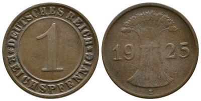 ГЕРМАНИЯ 1 РЕЙХСПФЕННИГ 1925 E KM 37, J. 313 бронза 4380-1125