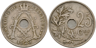 Бельгия 25 сантимов 1923 Royaume de Belgique KM 68 медно-никель 4187-936