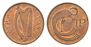 Ирландия 1 пенни 1988 мифологическая птица лира KM 20 бронза 4690-446
