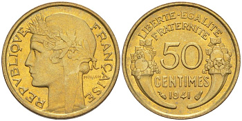ФРАНЦИЯ 50 САНТИМОВ 1941 ТИП MORLON KM 894.1, LE FRANC 192.18 алюминиевая бронза 44-424