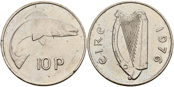 Ирландия 10 пенсов 1976 лосось KM 23 медно-никель 4140-326