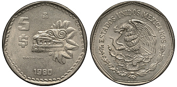МЕКСИКА 5 ПЕСО 1980 АЦТЕКСКАЯ СКУЛЬПТУРА, ПЕРНАТЫЙ ЗМЕЙ КЕТЦАЛЬКОАТЛЬ KM 485 медно-никель XF- 3334-122