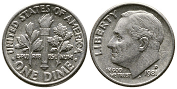 США 10 ЦЕНТОВ = 1 ДАЙМ 1981 D, РУЗВЕЛЬТ KM 195а медь плакированная медно-никелем 57-1213