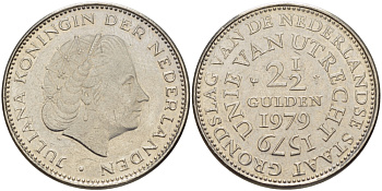 Нидерланды 2 1/2 гульдена 1979 400 лет Утрехтскому союзу, Юлиана (1949-1980) KM 197 никель 82-1246