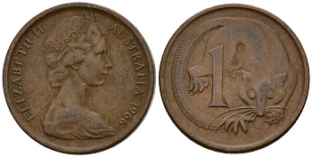 Австралия 1 цент 1966 Елизавета II (1953-), молодой портрет, опоссум KM 62 бронза 4602-212