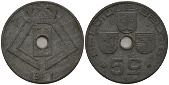 Бельгия 5 сантимов 1941 Belgique - Belgie, Леопольд III (1934-1947), германская оккупация, Вторая мировая война KM 123 цинк 4160-1116