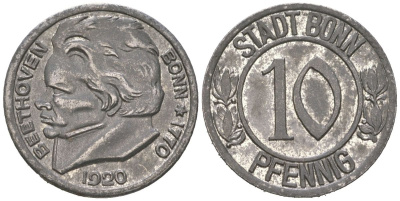 Бонн 10 пфеннигов 1920 Бетховен, Северный Рейн-Вестфалия Funck 51.1A, Men05 3220.1, Men18 4134.1 железо 4617-265