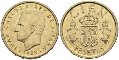 Испания 100 песет 1988 Хуан Карлос I (1975-2014) KM 826 алюминиевая бронза 4571-925