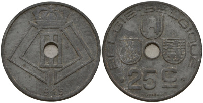 Бельгия 25 сантимов 1945 Belgie - Belgique, Леопольд III (1934-1947), германская оккупация, Вторая мировая война KM 132 цинк 4157-641