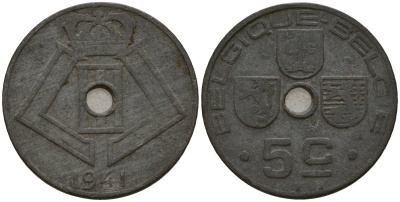 Бельгия 5 сантимов 1941 Belgique - Belgie, Леопольд III (1934-1947), германская оккупация, Вторая мировая война KM 123 цинк 4160-1116