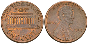 США 1 цент 1990 Линкольн KM 201b цинк плкированный медью aUNC 4549-729