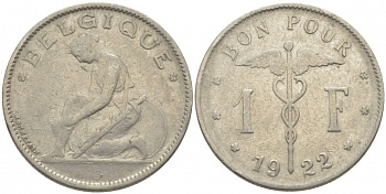 Бельгия 1 франк 1922 Belgique, Альберт I (1910-1934) KM 89 никель 259-933