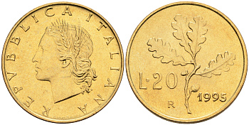 Италия 20 лир 1995 R, дубовый лист KM 97.2 алюминиевая бронза  UNC  4594-947