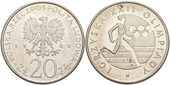 Польша 20 злотых 1980 MW, XXII летние Олимпийские Игры, Москва 1980, бегун KM 108, Parchimowicz 252 медно-никель UNC 4111-932