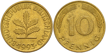 ФРГ 10 пфеннигов 1993 F J.382, KM 107 сталь плакированная латунью    4187-423