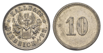Бибрих 10 пфеннигов ND Kalle and Co Men18 3487.1 никель плакированный цинком 4636-1133