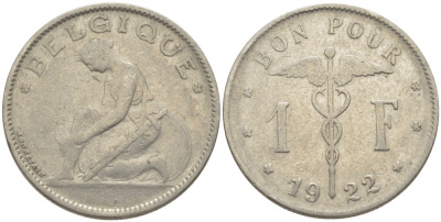 Бельгия 1 франк 1922 Belgique, Альберт I (1910-1934) KM 89 никель 259-933