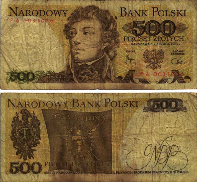 Польша 500 злотых 1982 Тадеуш Костюшко Pick 145 d бумага 7215-54-1-1