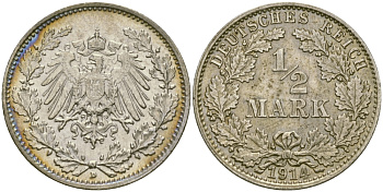ГЕРМАНИЯ 1/2 МАРКИ 1914 D J. 16, KM 17 серебро UNC 413-6222