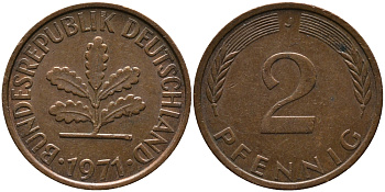 ФРГ 2 ПФЕННИГА 1971 J KM 106а, J.381а сталь плакированная сталь плакированная медьюю 33-234